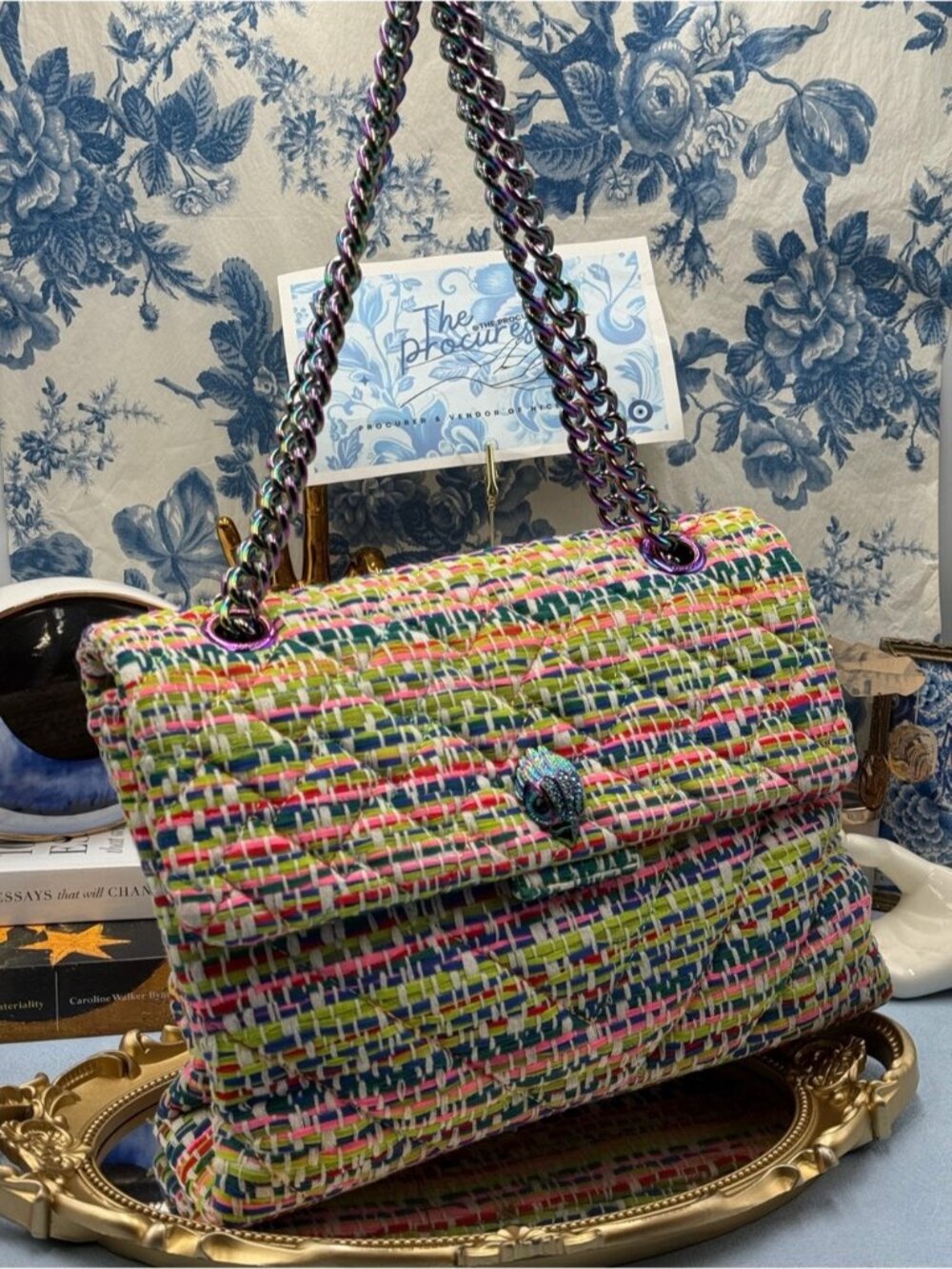 🆕 KURT GEIGER LONDON 🧿 NWOT Large Tweed Kensington, Multicolour Rainbow Woven